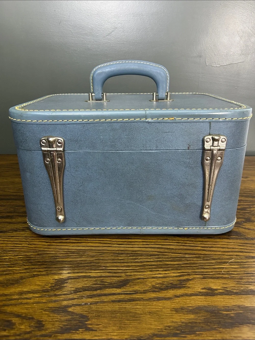 Vintage Blue Train Case Toiletry Case with Top Handle